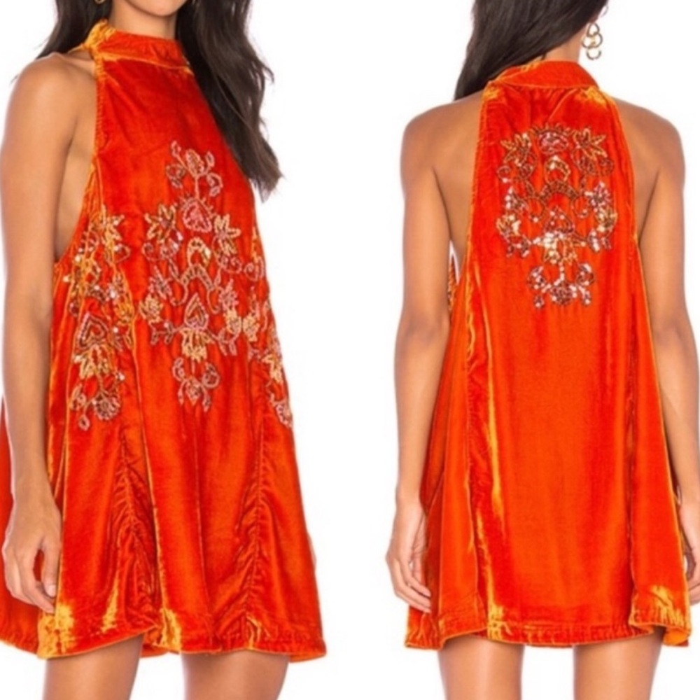 Free People Embroidered Velvet Halter Dress